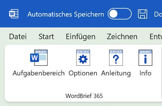 WordBrief-365-Menüband mit den Schaltflächen Aufgabenbereich, Optionen, Anleitung und Info